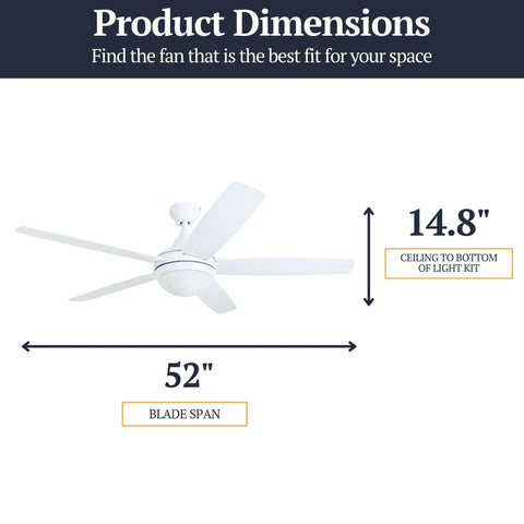 Ashby Modern 52 Inch Ceiling Fan With Light And Remote LED Indoor Fan dimensions showing 52 inch blade span and 14.8 inch drop