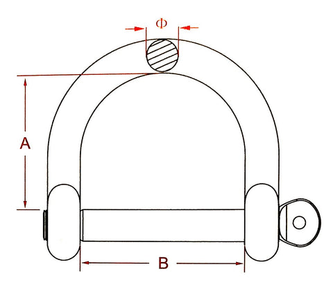 Diagram of 316 Stainless Wide D Shackle Half Inch Marine Grade Not For Overhead Lifting Corrosion Resistant Boat Dock Rigging Hardware Stamped 316 Size