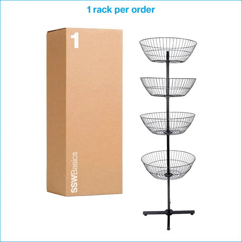 Heavy Duty Four Tier Wire Floor Spinner Rack With Drop Bin And Stocking Cart For Top Shelf Retail Shops Or No Fuss Home Organization In Sleek Black Finish