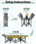 Setup instructions for Heavy Duty Portable Camping Cot With Mattress For Adults Foldable Padded Sleeping Cot steps 1 to 3