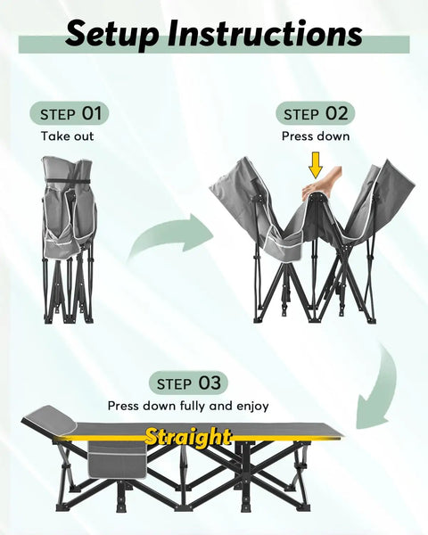Setup instructions for Heavy Duty Portable Camping Cot With Mattress For Adults Foldable Padded Sleeping Cot steps 1 to 3