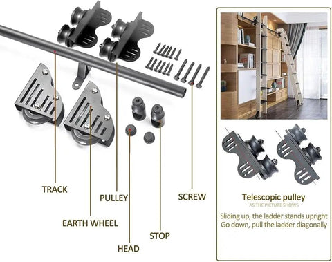 Rolling Ladder Hardware Kit With Floor Roller Track For An Adjustable Sliding Ladder System Ideal For Home Library, Garage Or Warehouse Use, Durable Wrought Iron Round Tube Track For Bookshelves, Loft Spaces And Retail Displays with components and installation instructions shown.
