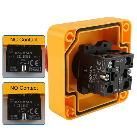 Industrial Emergency Stop Switch With Enclosure Red Mushroom Button 660V 10A 1NO 1NC interior view