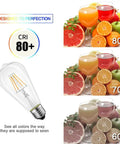 ST21 Vintage LED Edison Bulb 4.5W 40W Equivalent Dimmable Soft White 3000K Filament Light Bulb E26 Medium Base Pack Of 6 ETL Listed Energy Saving Home Lighting showing CRI 80 and color accuracy with fruit images.