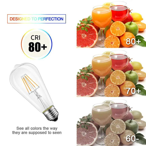 ST21 Vintage LED Edison Bulb 4.5W 40W Equivalent Dimmable Soft White 3000K Filament Light Bulb E26 Medium Base Pack Of 6 ETL Listed Energy Saving Home Lighting showing CRI 80 and color accuracy with fruit images.