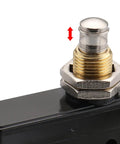 Close-up of General Purpose Micro Switch with panel mount plunger, Momentary SPDT 1NO 1NC, screw terminals, 15A rated at 125/250/480VAC.