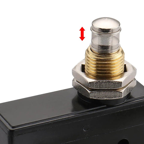 Close-up of General Purpose Micro Switch with panel mount plunger, Momentary SPDT 1NO 1NC, screw terminals, 15A rated at 125/250/480VAC.