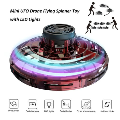 Dope Mini Drone Flying Spinner Boomerang Toy With LED Lights showcasing RGB glow and protective design in close-up view.