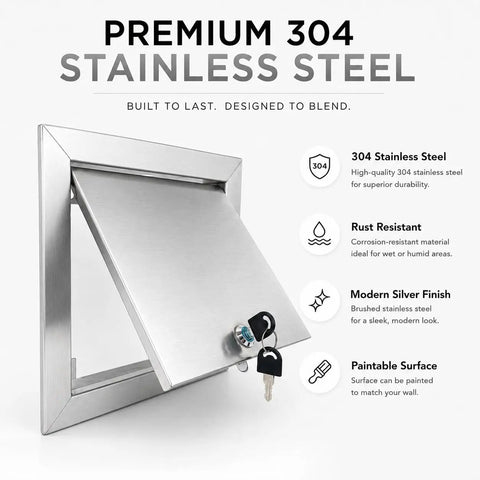 Bulletproof 10x10 Stainless Steel Access Panel For Drywall And Ceiling With Hinged Door, showcasing rust-resistant silver finish.