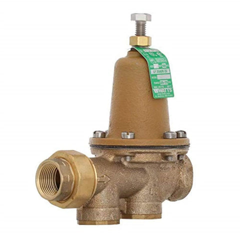 Watts LF25AUB-Z3 water pressure reducing valve, brass body, 3/4 in NPT female union x female, polymer seat (front view)