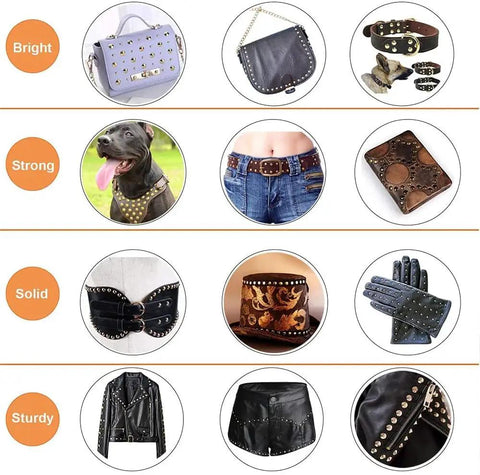 Straight Up 8Mm Round Head Button Studs Featuring Slotted Screw Design Nickel Plated Nail Rivets Solid Brass Heavy Duty Fasteners For Diy Leather Crafting And Upholstery Work 5 Rock Solid Sets displayed in various applications like bags, belts, and clothes.