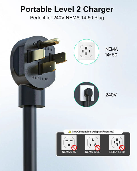 Level 2 EV Charger 32Amp 7.68kW Portable Home Charger With 25Ft Cable NEMA 14-50 Plug illustration