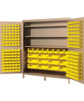 Pro Level Jumbo Beige Storage Cabinet With 212 Green Bins For Warehouse Organization And Workshop Sorting Rock Solid Modular Shelving Unit showcasing interior with yellow bins.