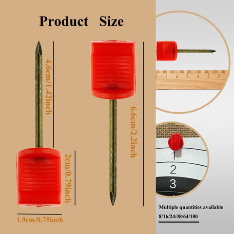 16 Pack Archery Target Pins showing size, durable plastic and Mn steel design, 6.6 cm long, used on target face and ruler