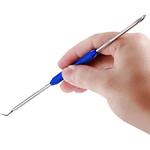 Beefy And Reliable Double Pointed Scriber Set With Knurled Aluminum Grip Rust Proof Steel Marking Hooks And Precision Pick Tools for hard core tasks in hand holding a blue aluminum handled scribe