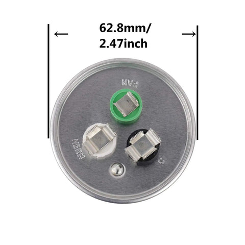 Top view of Dual Run Round Capacitor 45 To 10 MFD Plus Six Percent Tolerance, 370 To 440 VAC CBB65 showing three terminals.