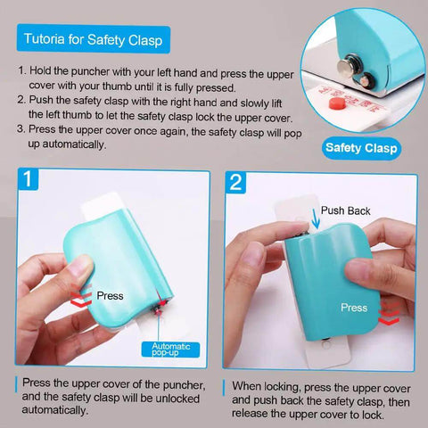 Tutorial instructions for using the safety clasp on a Six Hole Puncher For Loose Leaf Notebooks, Handheld Metal Circle Paper Puncher, 5 sheet capacity.