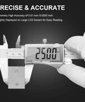 Digital Caliper With Large LCD Screen For DIYers And Pros in use showing 25.00 mm reading, pro grade stainless steel tool.