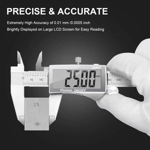 Digital Caliper With Large LCD Screen For DIYers And Pros in use showing 25.00 mm reading, pro grade stainless steel tool.