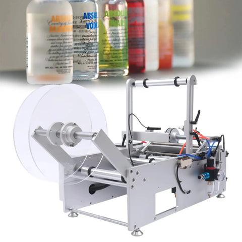 Plug And Play Semi Automatic Round Bottle Labeling Machine 110V 300W displaying precision applicator for label setup.