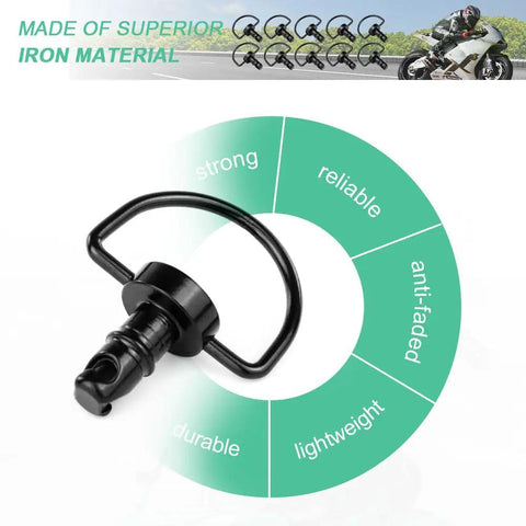 Close-up of No Sweat 1/4 Turn Quick Release Fasteners With Universal D Ring Clips For Car Panel Trim and Bike Fairings.
