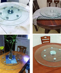 Extra Large 110cm Clear Glass Lazy Susan Turntable showcasing different table setups and elegant design for dining and events.