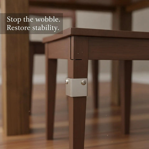 Stainless Steel L Bracket Corner Brace For Furniture Repair Right Angle Support stabilizing a table leg with screws included.