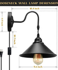 Plug In Wall Sconces Two Pack Black Industrial Gooseneck Lamps With On Off Switch UL Certified E26 Base, dimensions shown.