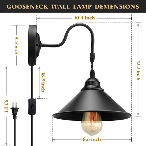 Plug In Wall Sconces Two Pack Black Industrial Gooseneck Lamps With On Off Switch UL Certified E26 Base, dimensions shown.