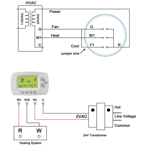 Wiring diagram for Doorbell Transformer 24V 40VA For Ring Doorbell, showcasing HVAC and heating system connections.