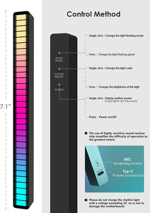 Control panel of RGB Rechargeable Sound Control Lights With Voice Activated Music Rhythm, showing 7.1-inch LED bar and settings
