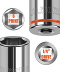 One Quarter Inch Drive Metric Master Socket Set, 14 Piece Shallow 6 Point Hex Socket Kit showing details of 6 point design.