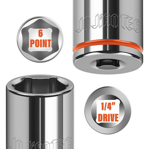 One Quarter Inch Drive Metric Master Socket Set, 14 Piece Shallow 6 Point Hex Socket Kit showing details of 6 point design.