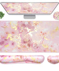 4 In 1 Large Gaming Mouse Pad For Gamers With Keyboard Wrist Rest And Mouse Wrist Support Extended Waterproof Desk Pad For Home Office Study And Gaming Pink Gold Marble Finish, shown with components spread out.