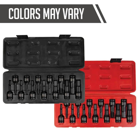 Impact Hex Driver Set 13-Piece 3/8 Inch Drive SAE And Metric in chrome molybdenum, black and red blow molded case.