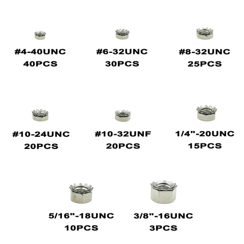 Stainless Steel Keeps Nuts With Integral Washers, 163 Piece Screw Bolt Box Covering 4-40 Through 3/8-16 Sizes, assorted sizes.