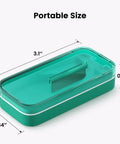 Cyan pill cutter with sharp blade, 3.1x1.44x0.67 inches, BPA free plastic, for big or small pills, safe for meds, portable size.