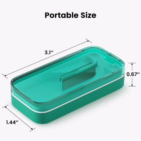 Cyan pill cutter with sharp blade, 3.1x1.44x0.67 inches, BPA free plastic, for big or small pills, safe for meds, portable size.