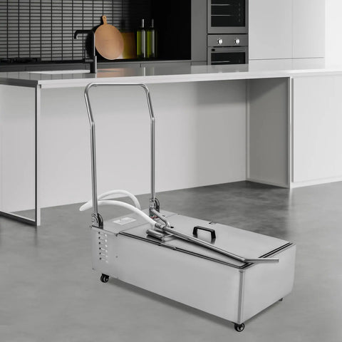 Heavy Duty Commercial Fryer Oil Filter Machine With Wheeled Cart Setup And Fast Multi Layer Pump in a modern kitchen setting.