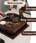 Rock Solid Premium Heavy Duty Solid Wood Espresso Knock Box With Huge Capacity And Multi Slot Layout Badass For Quick Coffee Grounds Tossing and Super Smooth Barista Sessions multitasking espresso workstation with tools and compartments for organized coffee preparation.