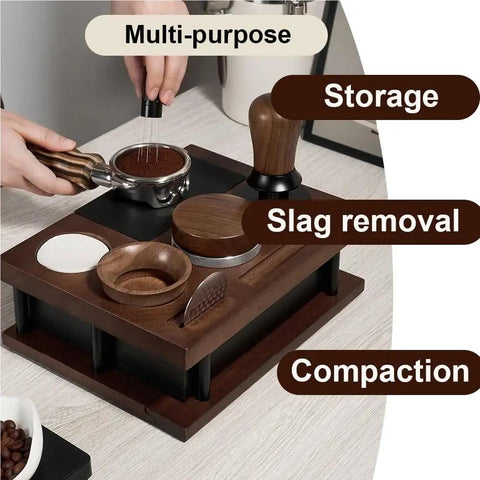 Rock Solid Premium Heavy Duty Solid Wood Espresso Knock Box With Huge Capacity And Multi Slot Layout Badass For Quick Coffee Grounds Tossing and Super Smooth Barista Sessions multitasking espresso workstation with tools and compartments for organized coffee preparation.
