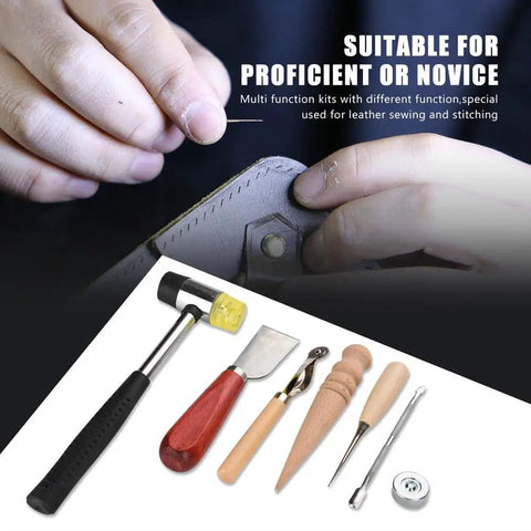 Leather Craft Tools Kit 42Piece Set With Stitching Groover Punches Awl Hammers Needles Waxed Thread Rivets Snap Fasteners Chisels Cutting Knife And Ruler For DIY Sewing Projects And Pro Leatherworking, hands stitching leather