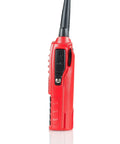 Side view of Beefy 7W Dual Band Ham Radio Portable Two Way With VHF 136 174 MHz And UHF 400 520 MHz in red color, showing buttons.