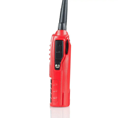 Side view of Beefy 7W Dual Band Ham Radio Portable Two Way With VHF 136 174 MHz And UHF 400 520 MHz in red color, showing buttons.