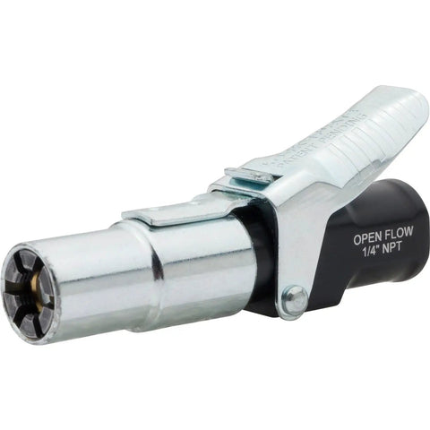 Locking Air Chuck With Six Steel Jaws That Grip Any Schrader Valve For Hands Free Tire Inflation, No Leaks Or Slippage, Open Flow Up To 150 PSI