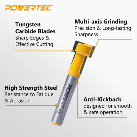Pro Grade Tungsten Carbide T Slot Router Bit With Rock Solid One Quarter Inch Shank And One Half Inch Width, showing features and details.