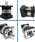 Nema23 Planetary Gearbox With 6 To 1 Worm Gear Reducer, showing four angles of a compact black and silver gearbox design.
