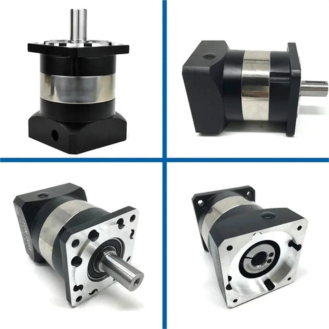 Nema23 Planetary Gearbox With 6 To 1 Worm Gear Reducer, showing four angles of a compact black and silver gearbox design.
