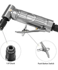 Right-angle air die grinder with 1/4-inch chuck; silver metal body, push-button switch