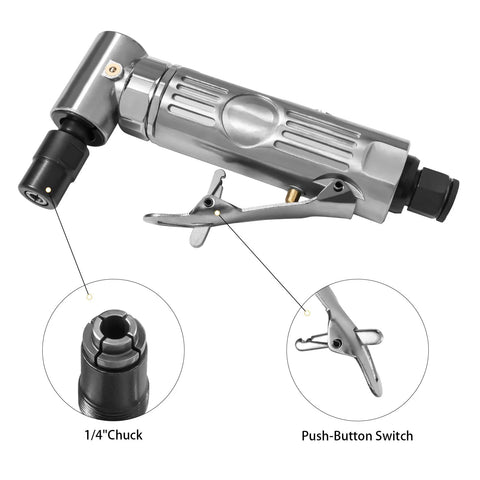 Right-angle air die grinder with 1/4-inch chuck; silver metal body, push-button switch